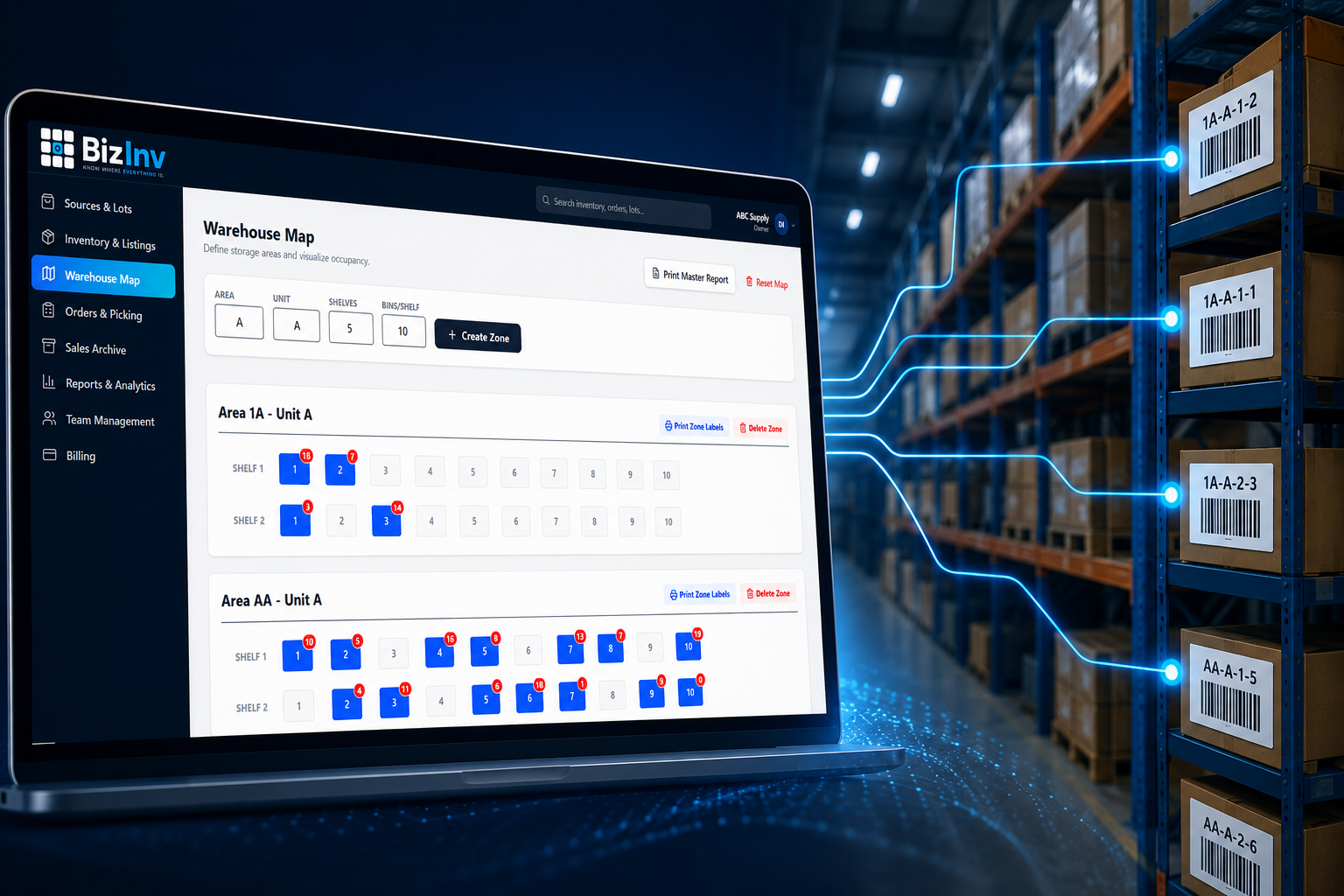 BizInv inventory list with bin locations assigned to every item