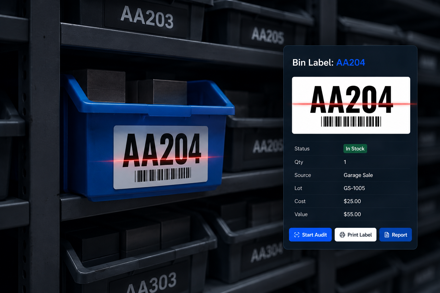 Scanning the barcode on warehouse bin AA204 during a live BizInv audit